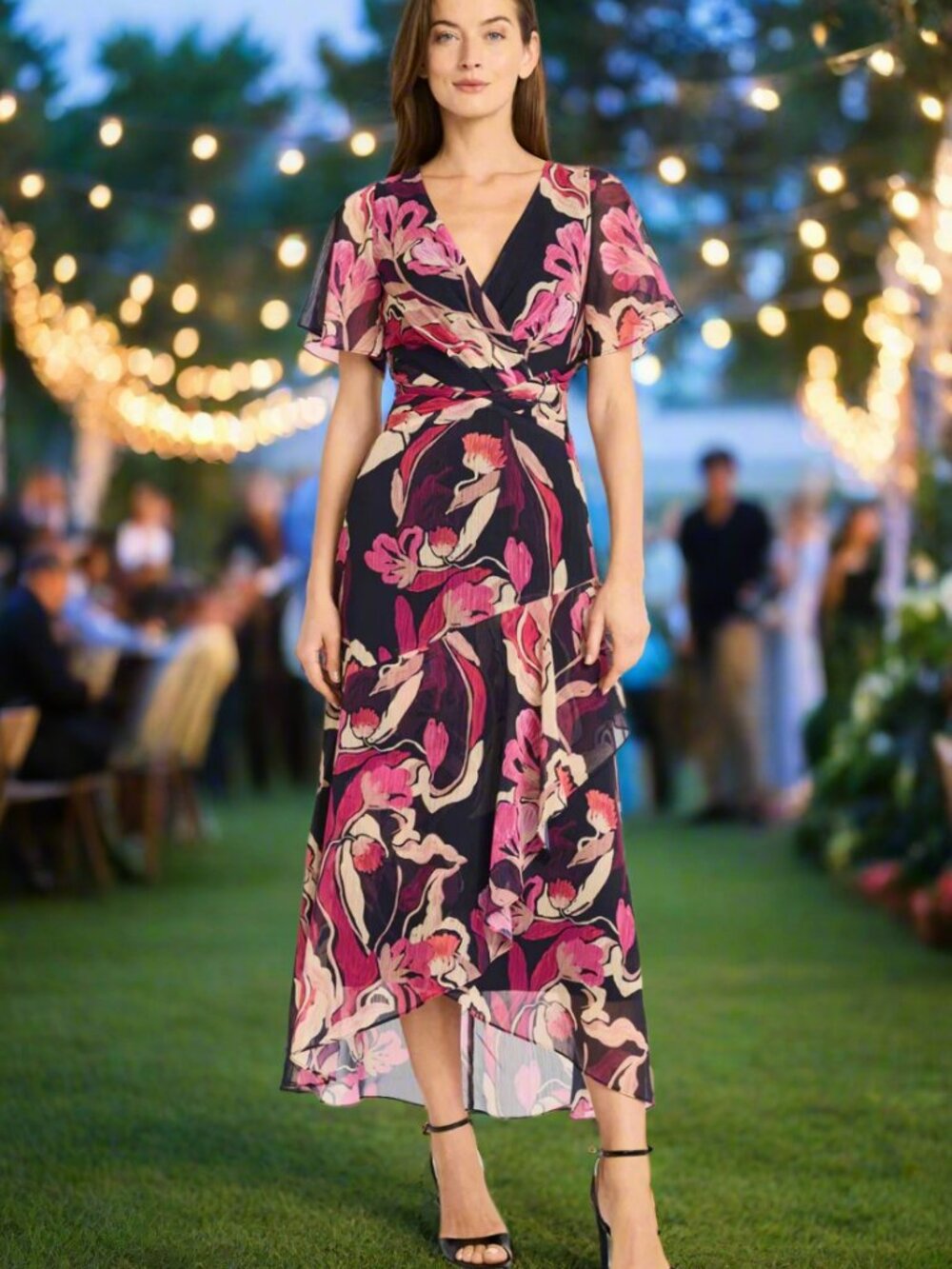 NWT Jean by Maggy London Flutter Sleeve High-Low Midi Dress in Pink & Black